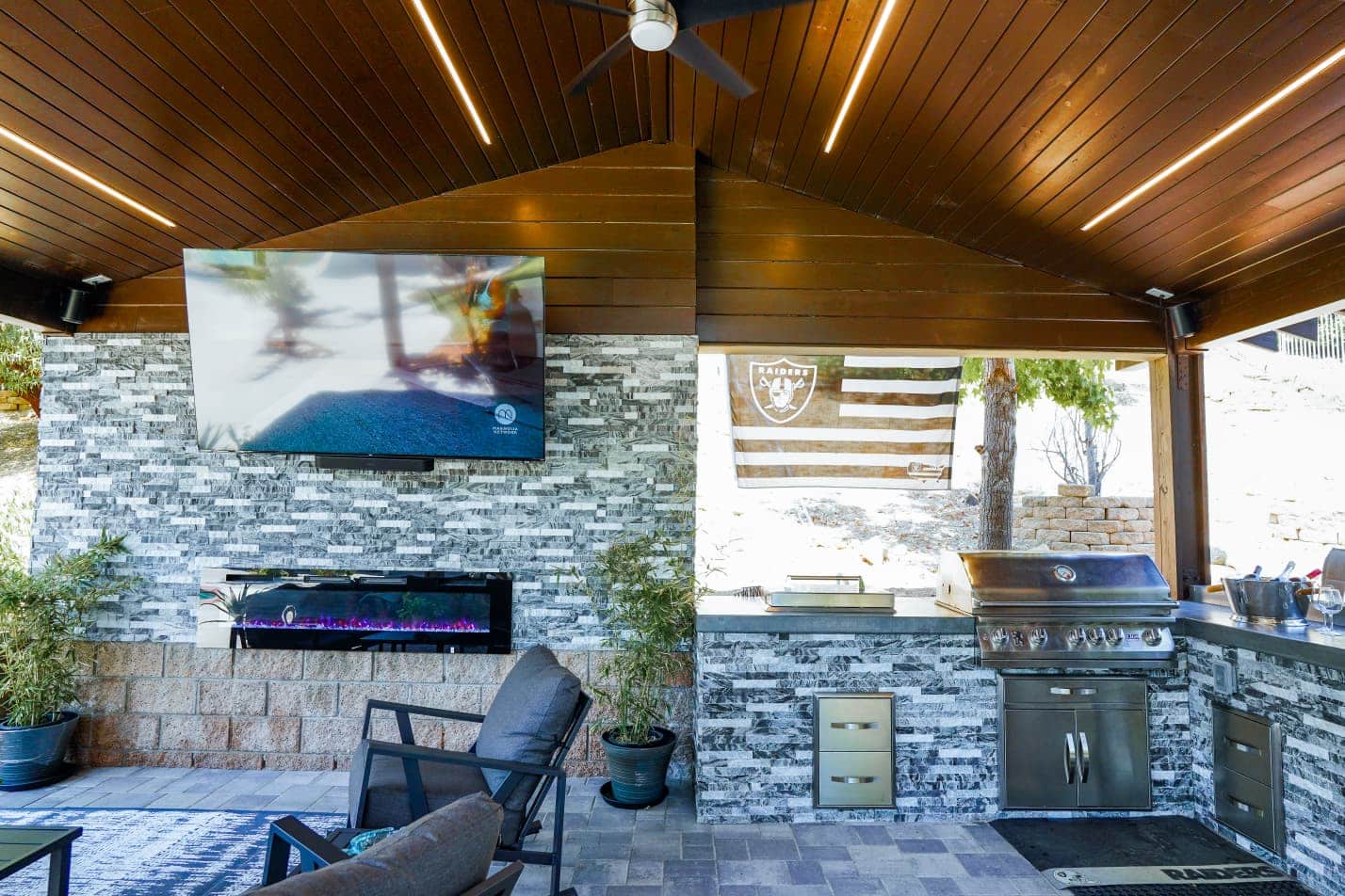 Covered patio with tongue-and-groove ceiling in Woodland Hills