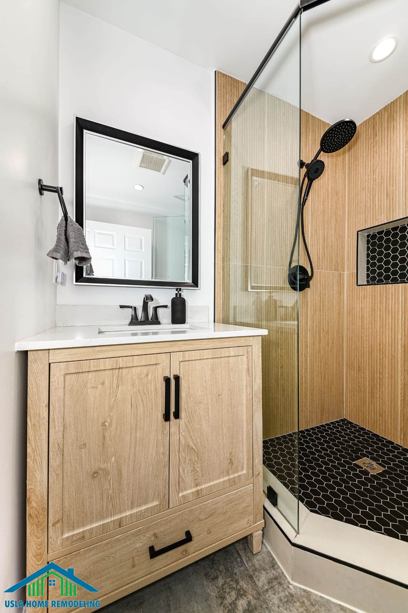 ADU bathroom with fluted wood-look tile shower in Van Nuys