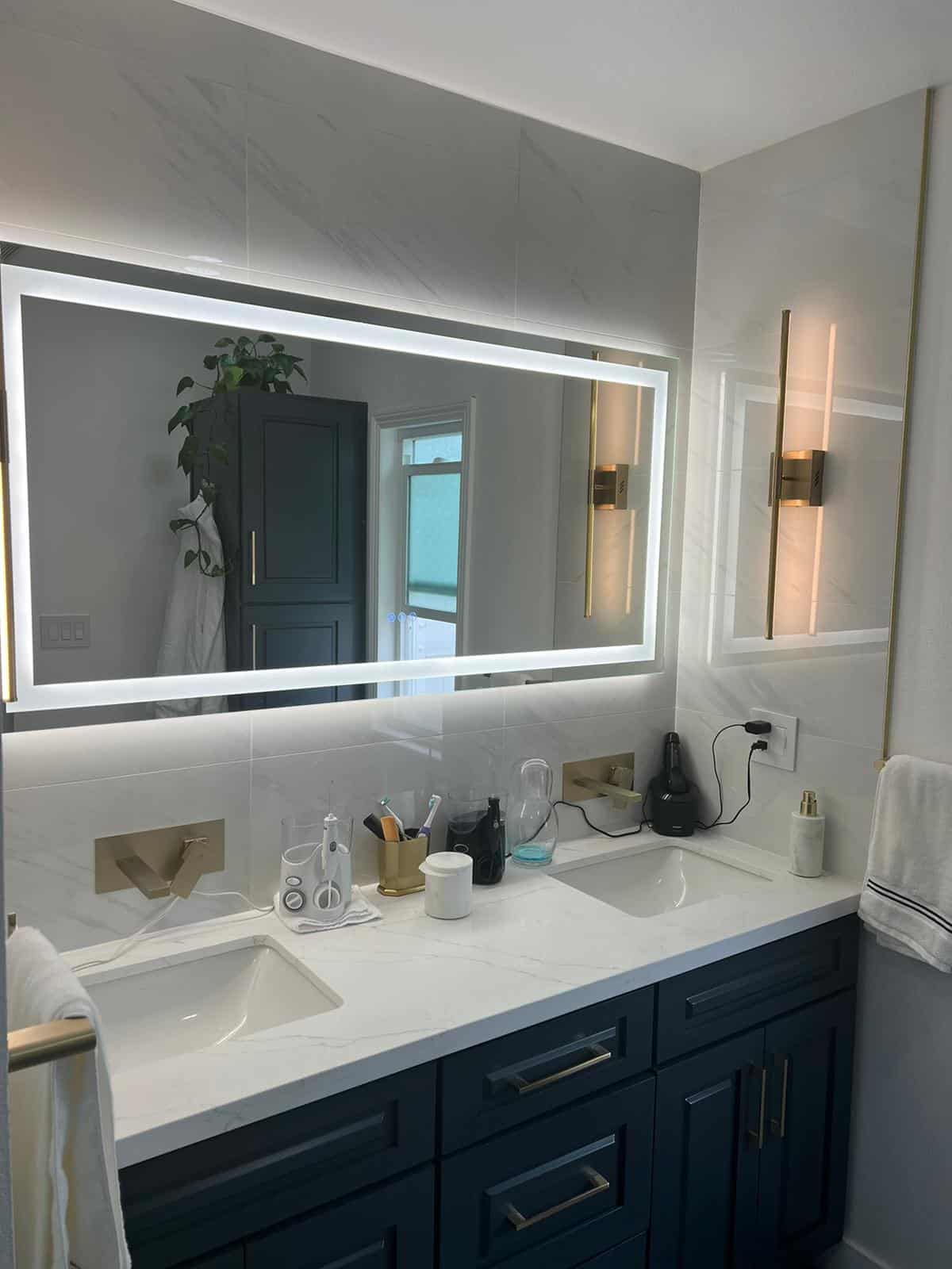 Navy double vanity with backlit LED mirror in Reseda