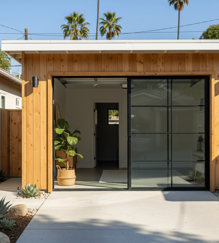A modern residential addition features warm wood siding and a large black-framed glass sliding door opening onto a concrete patio, with palm trees visible in the background under clear blue sky. The contemporary design showcases clean lines, minimalist landscaping with succulents and a potted plant, and seamless indoor-outdoor living spaces. The structure exemplifies contemporary home remodeling with its blend of natural materials and modern architectural elements.