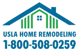 USLA Home Remodeling logo featuring a blue roof with green vertical stripes and a small blue window, accompanied by the company name and phone number 1-800-508-0259. The design represents residential home improvement and remodeling services. This logo serves as the primary branding for the company's remodeling business.